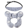 Gray baby car seat head and neck support pillow with a safety strap