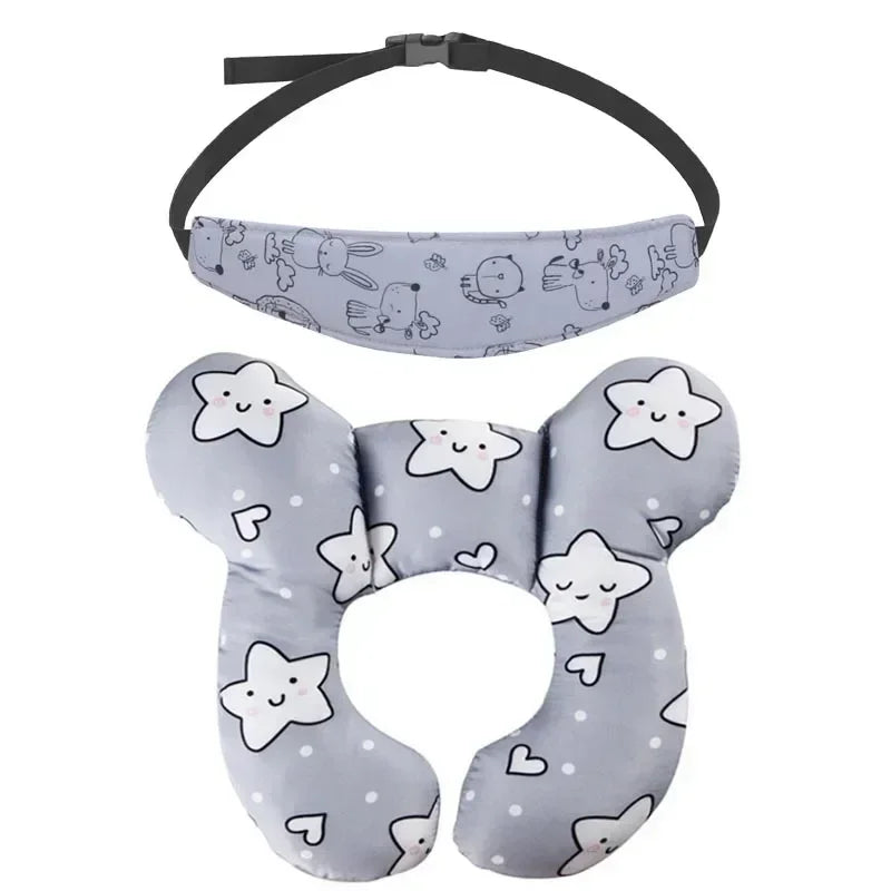Gray baby car seat head and neck support pillow with a safety strap