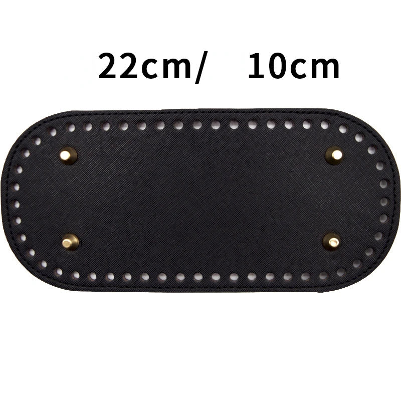 Black PU leather oval bag bottom for DIY crochet and knitted bags, measuring 22cm by 10cm.