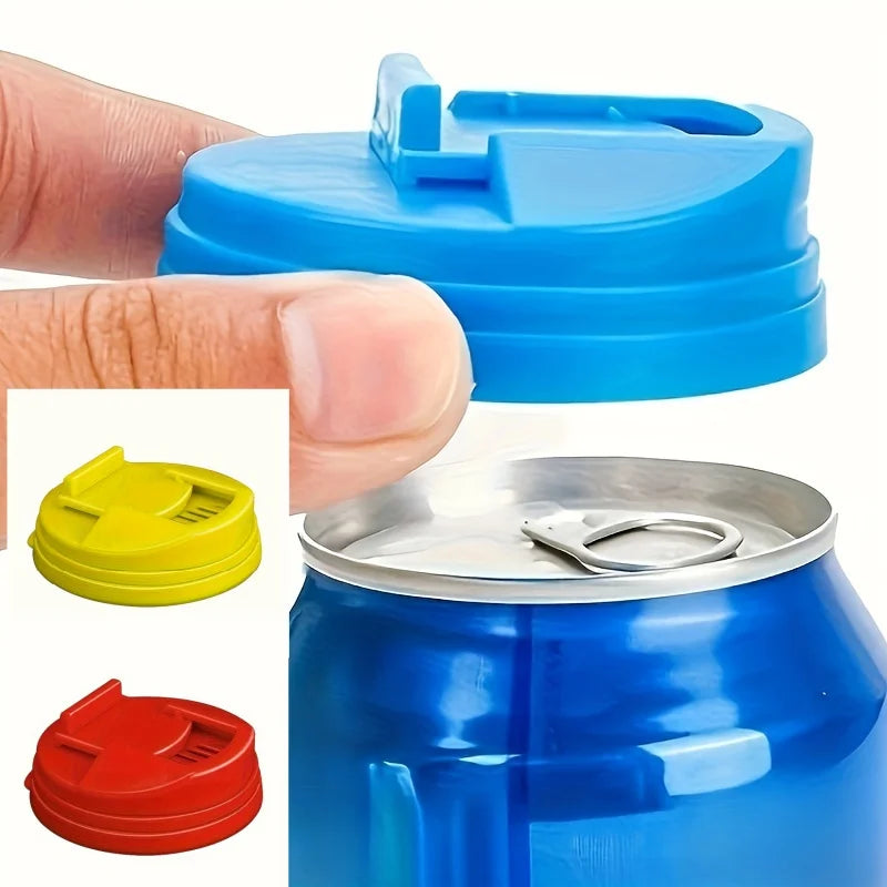 A hand is shown placing a blue reusable beverage can lid onto a blue metal can.