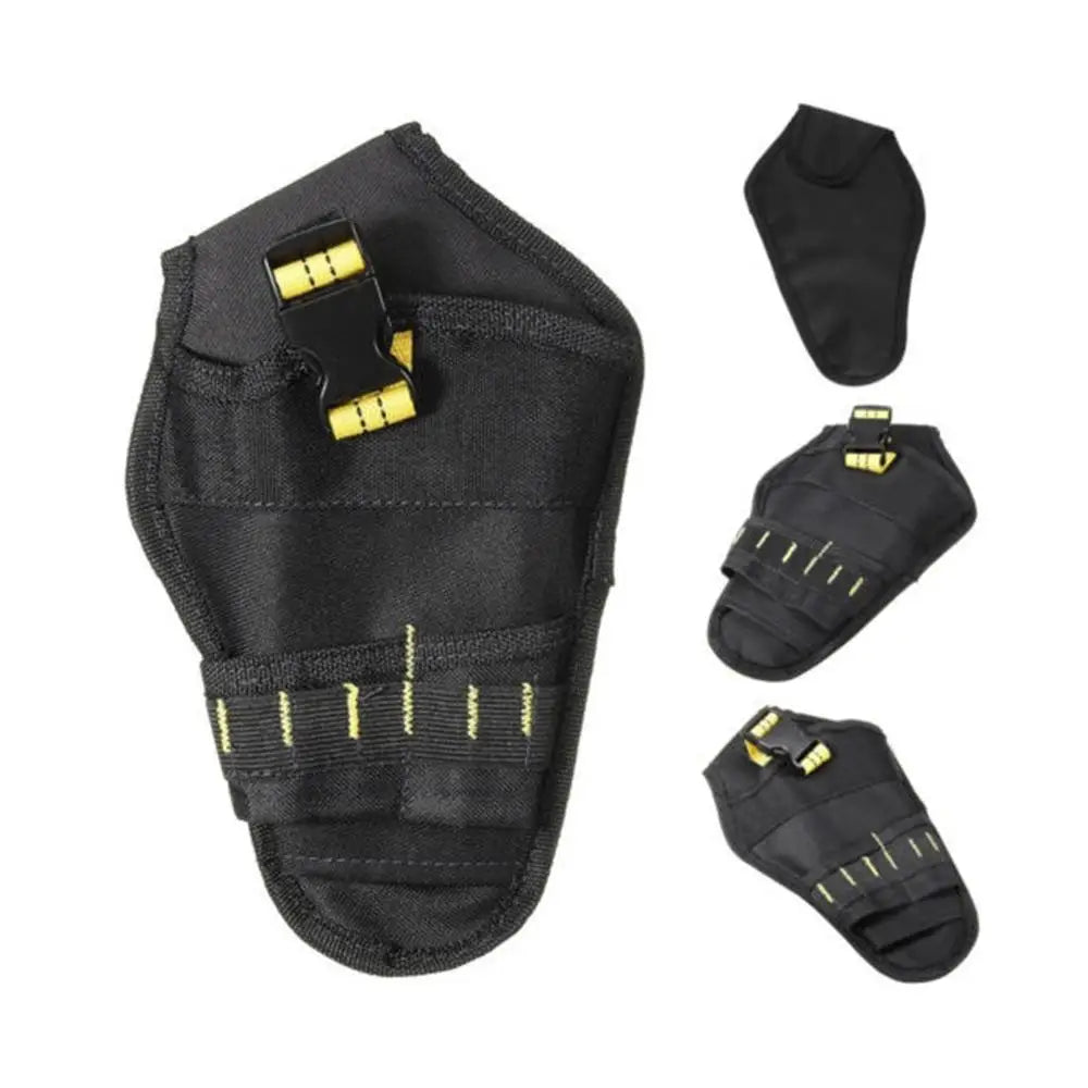 Black heavy-duty drill holster with belt storage pocket shown in various forms.