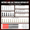 A collection of metric and SAE thread repair kits including taps, dies, and files for various threads.