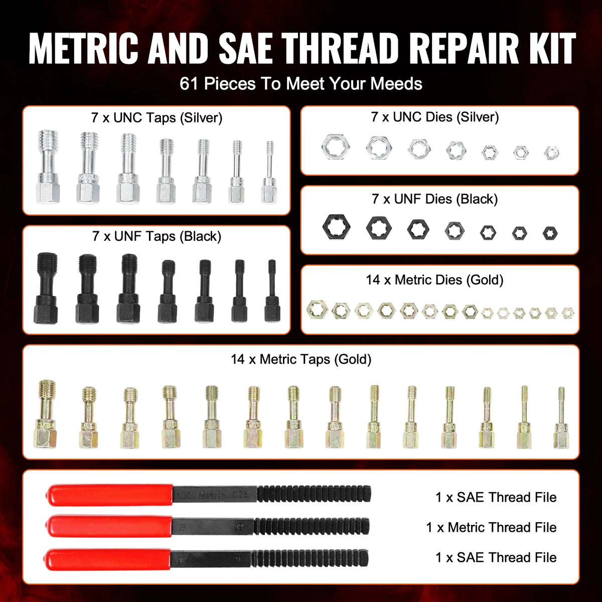 A collection of metric and SAE thread repair kits including taps, dies, and files for various threads.