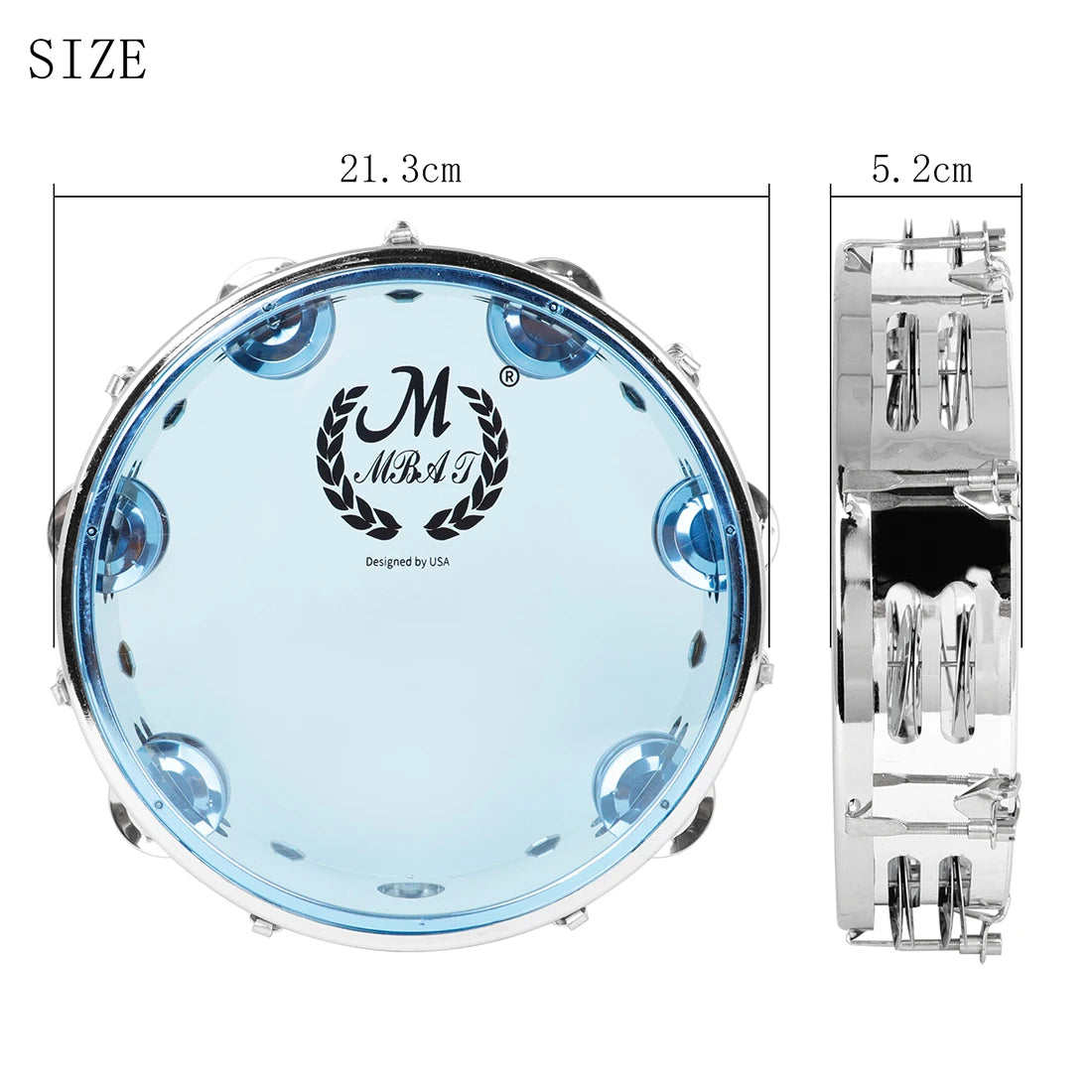 A clear blue self-tuning tambourine with stainless steel jingles shown next to a size reference.