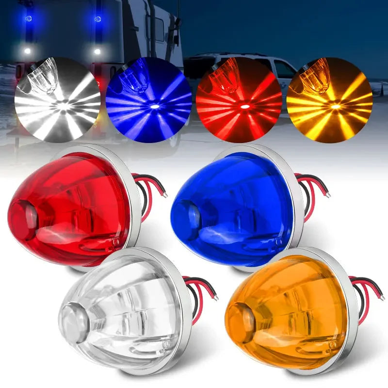 A collection of various waterproof LED side marker lights including round and housing types in red, blue, yellow, and clear.