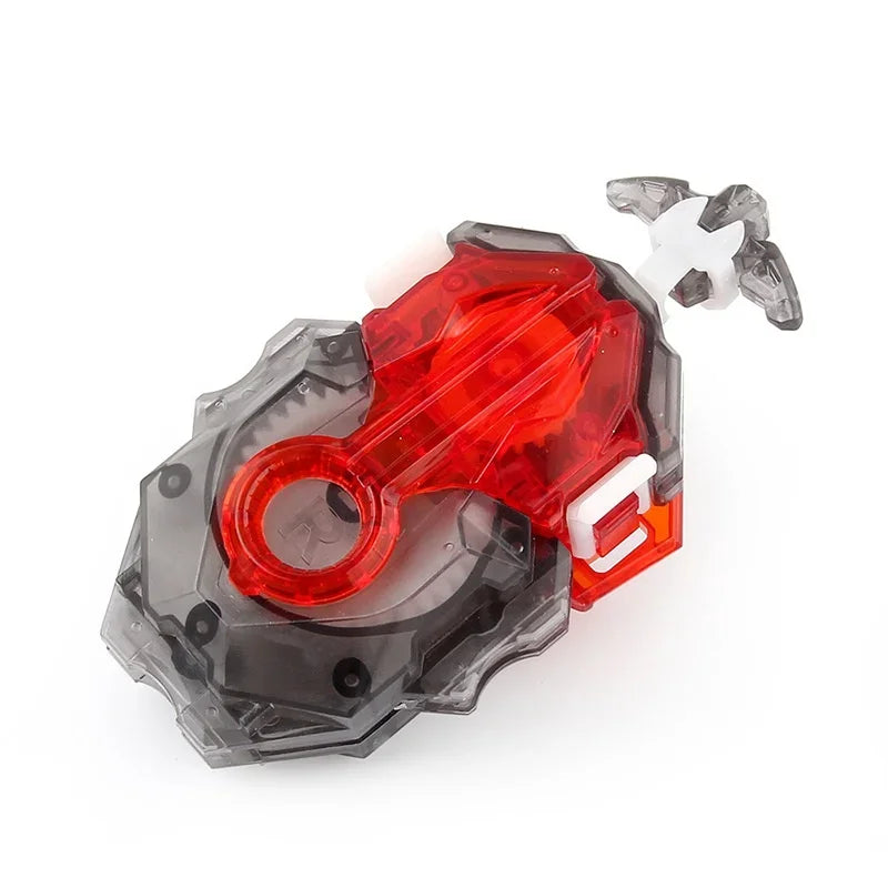 A red and black battle spinning top with metal construction and a white decorative piece.