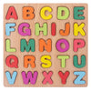 A wooden alphabet peg puzzle set showing uppercase letters A through Z in various colors.