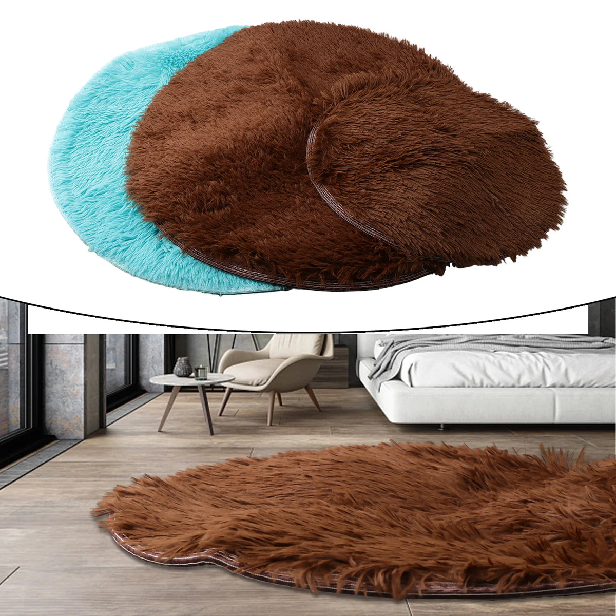 A round, shaggy brown faux fur rug is shown in an overhead view against a modern interior setting.