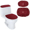 A white toilet with a maroon seat and matching dust-proof tank covers shown alongside the components.