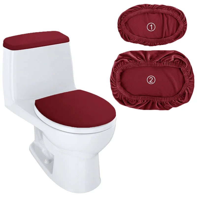 A white toilet with a maroon seat and matching dust-proof tank covers shown alongside the components.