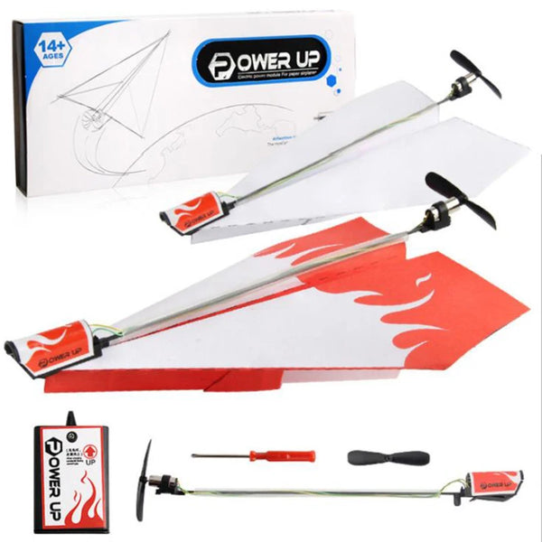 A kit for making a motorized paper airplane, showing the assembled plane and components.