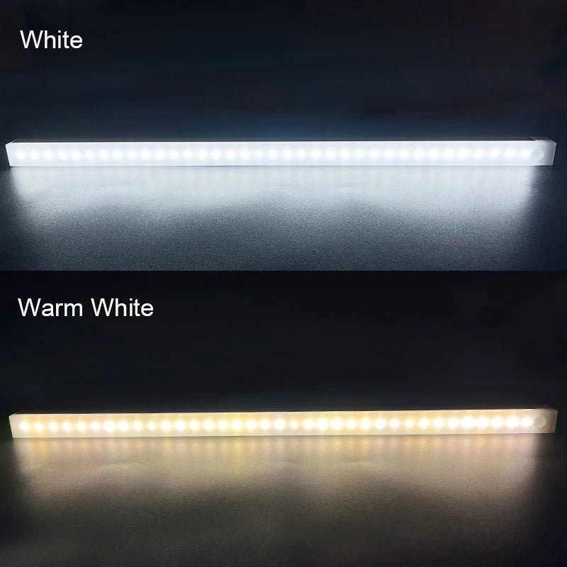 Two LED light strips are shown, one white and one warm white, illuminating a dark surface.