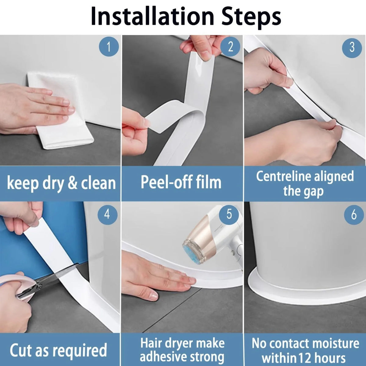 Six steps showing the installation of self-adhesive waterproof caulk tape on a white surface.