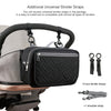 Black universal stroller straps and a shoulder strap for organizing a stroller diaper bag.