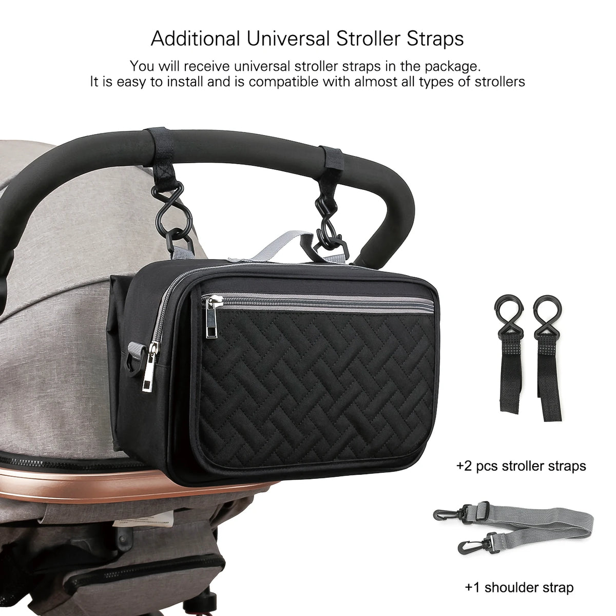 Black universal stroller straps and a shoulder strap for organizing a stroller diaper bag.