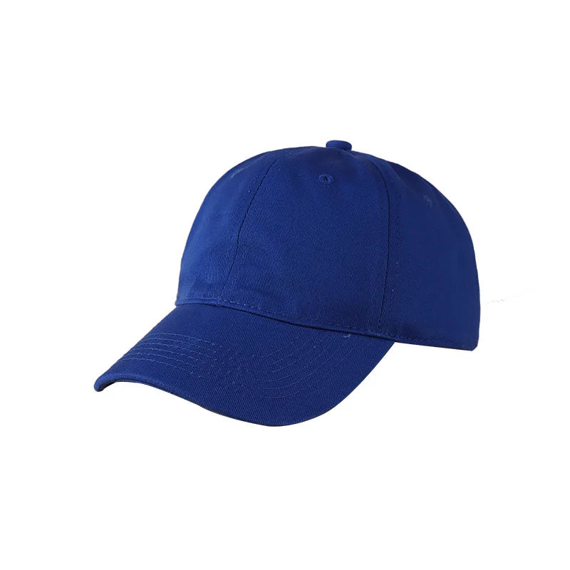 A navy blue classic cotton dad hat shown from the side.