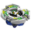 A precision metal spinning top featuring white and green accents with a black center and blue base.