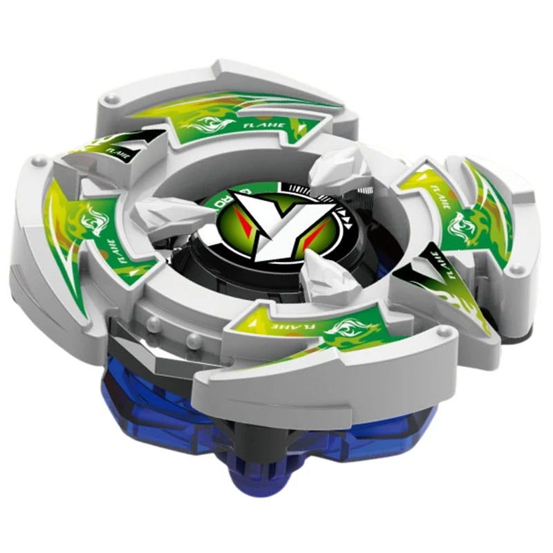 A precision metal spinning top featuring white and green accents with a black center and blue base.