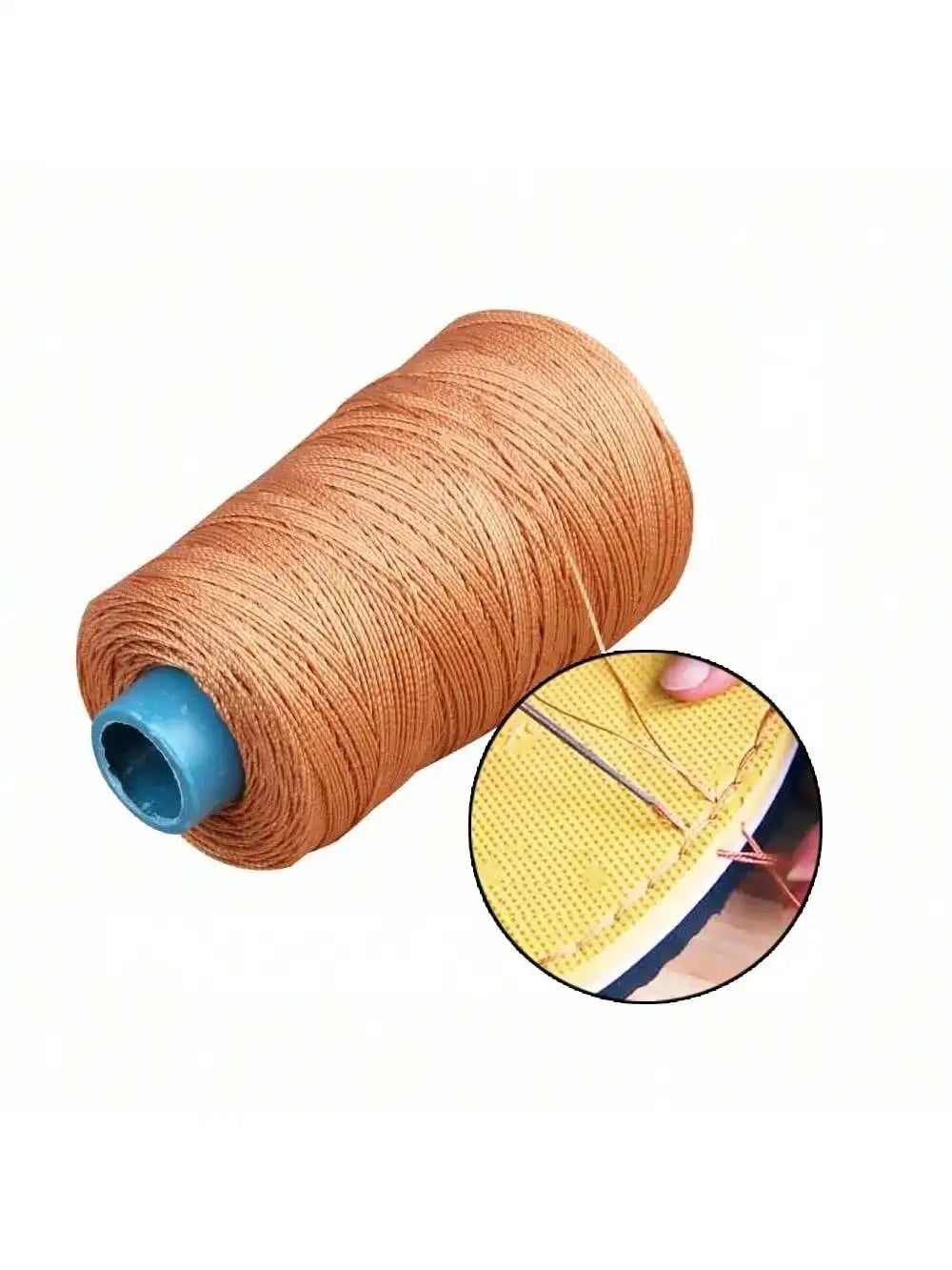 A spool of brown waxed nylon thread with a close-up showing the thread structure.