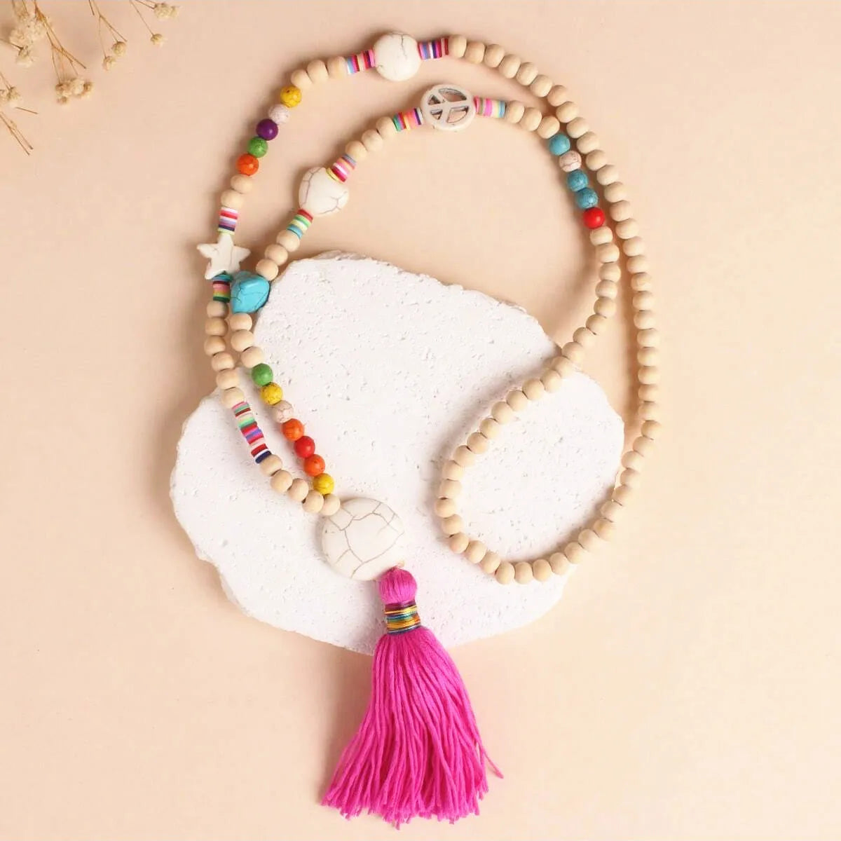 Bohemian Wooden Bead Tassel Necklace