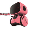 A pink interactive voice-controlled robot toy with a black head and body, labeled for Portuguese language support.