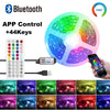 A Bluetooth controlled RGB LED strip light with 44 keys and a fan, showing various color patterns.