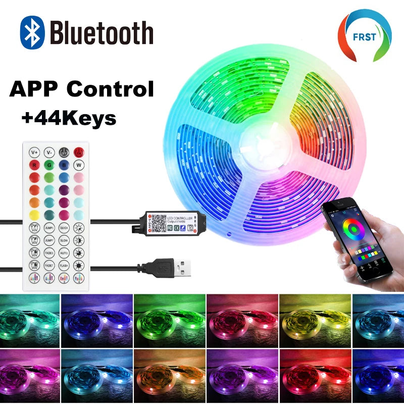 A Bluetooth controlled RGB LED strip light with 44 keys and a fan, showing various color patterns.
