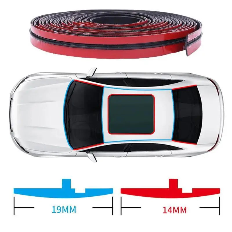 Rolls of automotive rubber sealing strips for noise and weather protection shown with thickness measurements.