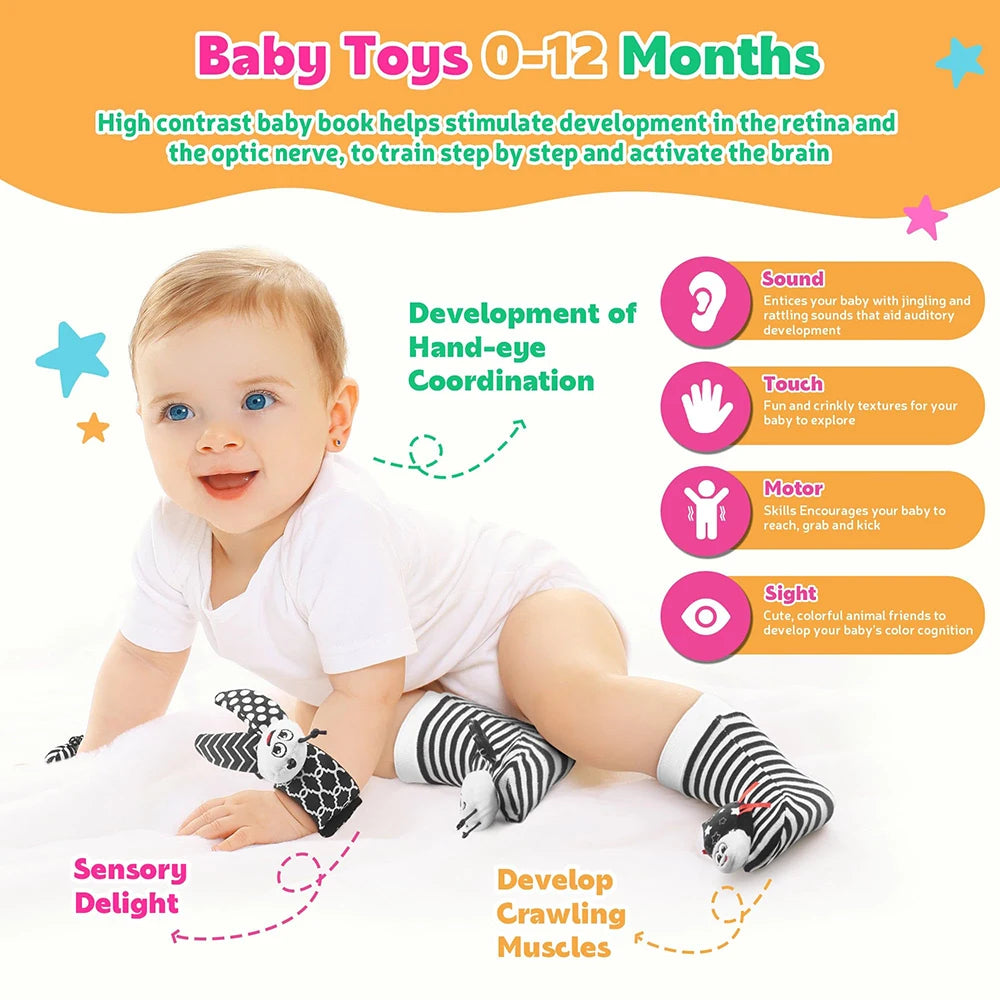 A baby toy set for 0-12 months featuring high contrast books, rattles, and finders to stimulate development.