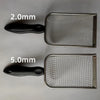 Stainless steel cat litter scoop with fine mesh sifter shown in two sizes, 2.0mm and 5.0mm.