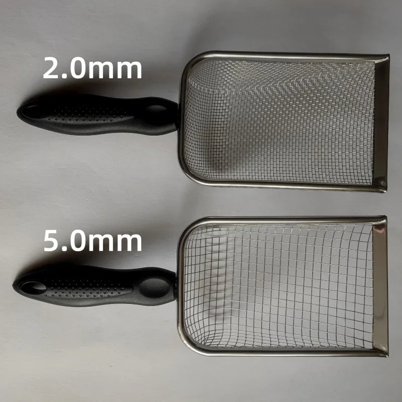 Stainless steel cat litter scoop with fine mesh sifter shown in two sizes, 2.0mm and 5.0mm.