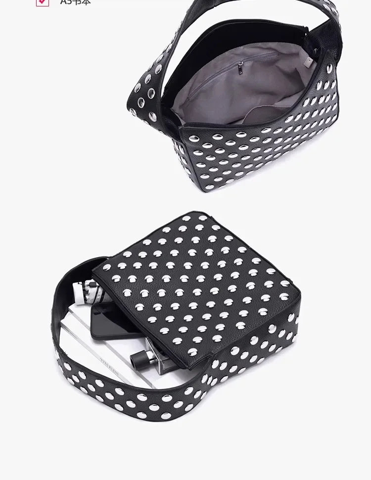 Black Rivet Shoulder Bag with Motorcycle Edge