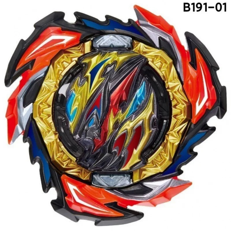 A battle spinning top featuring a central black and red design surrounded by gold and blue accents.