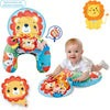 A baby is playing on a colorful tummy time pillow mat with lion-themed rattle toys.