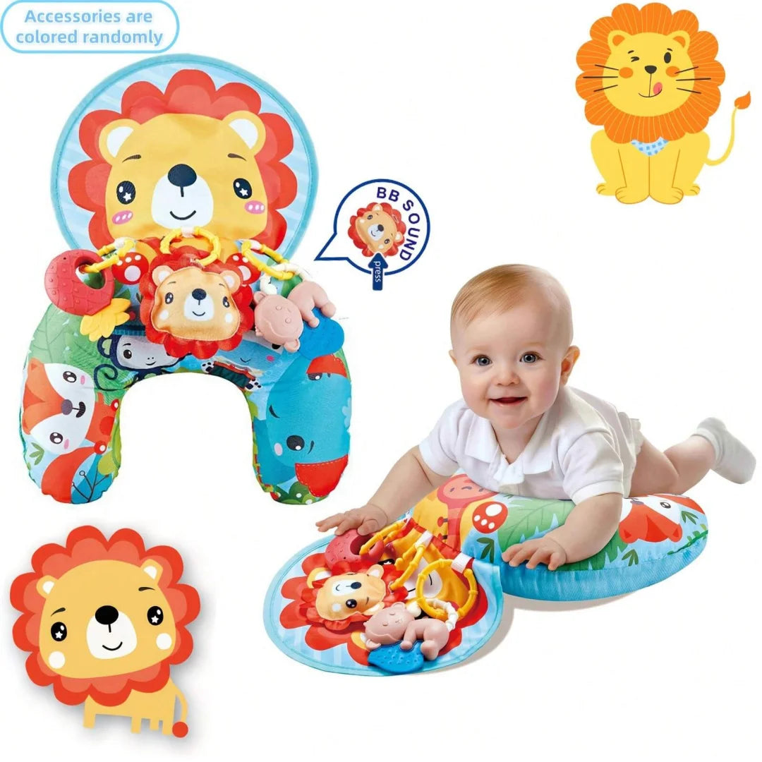 A baby is playing on a colorful tummy time pillow mat with lion-themed rattle toys.