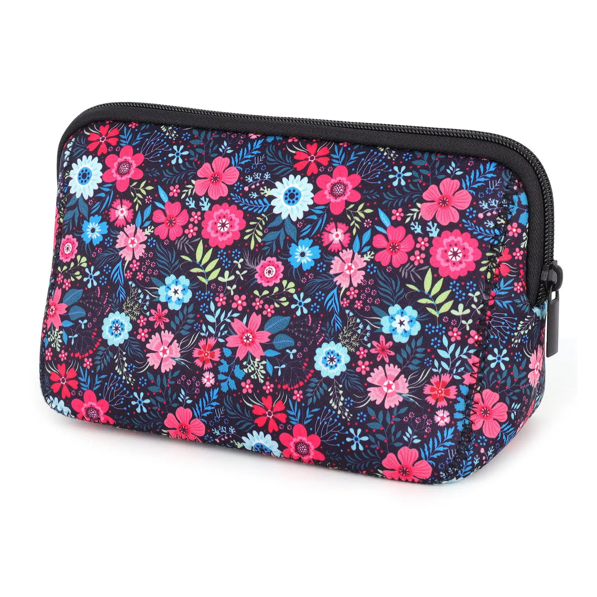 A floral patterned waterproof neoprene cosmetic bag with a black zipper.