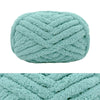 A ball of light blue chunky chenille yarn with a textured, braided pattern.