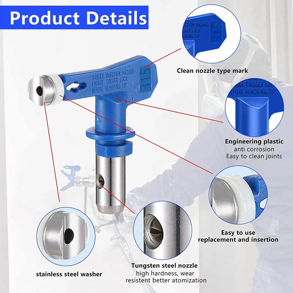 A set of reusable paint spray nozzles featuring a stainless steel washer and a tungsten steel nozzle for better atomization.