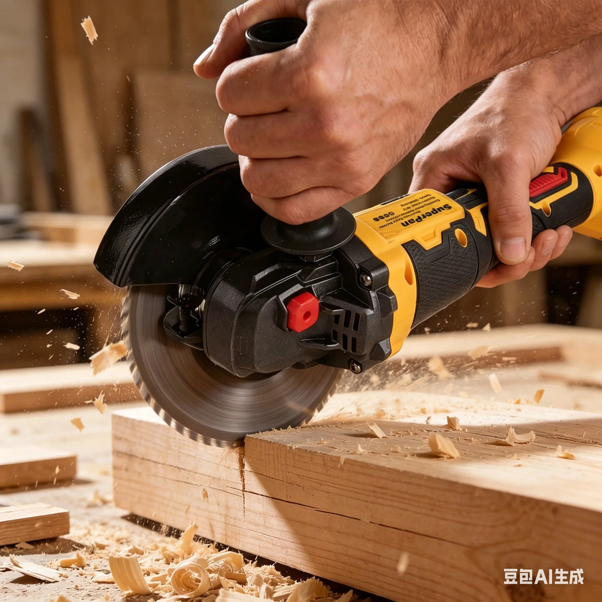 Eine Hand bedient eine gelbe Akku-Aufsatzbohrmaschine zum Sägen von Holz in einer Werkstatt.