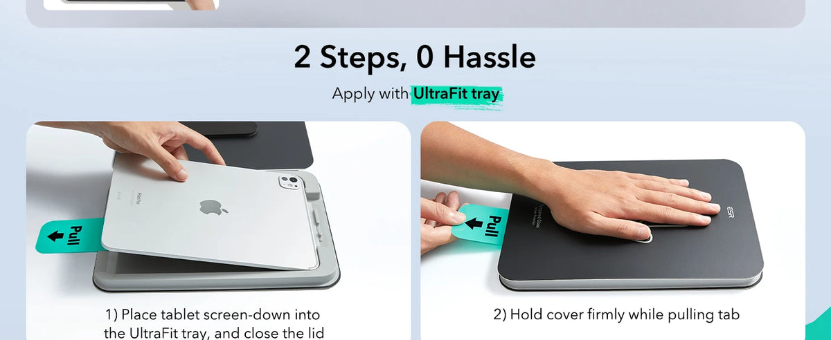 Hände legen ein Tablet mit dem Bildschirm nach unten in eine UltraFit-Schale zur Installation.