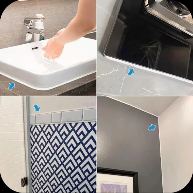 Close-up shots show waterproof self-adhesive tile gap tape used for sealing seams and gaps in various contexts.