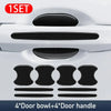 A set of black carbon fiber stickers designed to protect car door bowls and handles with night reflection.