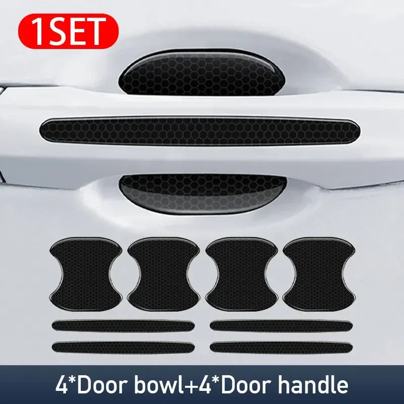 A set of black carbon fiber stickers designed to protect car door bowls and handles with night reflection.