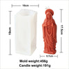 A tall white silicone mold for a religious candle, next to the finished orange-colored candle.