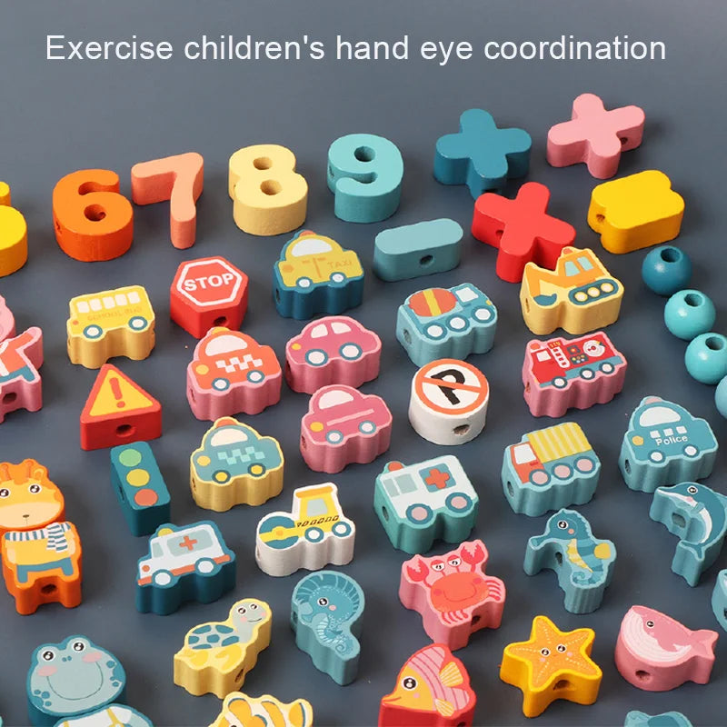 Wooden Lacing Beads Set for Kids with Animal, Fruit, Letter & Number Shapes