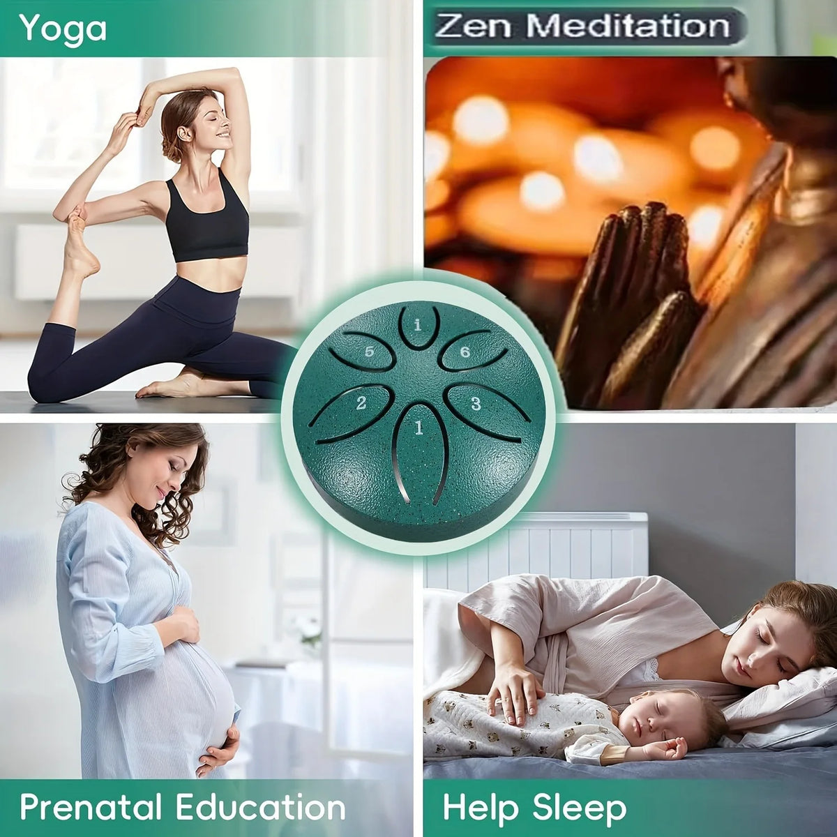 A collage showing yoga poses, a hand pan for meditation, a pregnant woman, and someone sleeping.