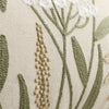 Close-up of a beige fabric with embroidered green and tan floral stems and white accents for farmhouse decor