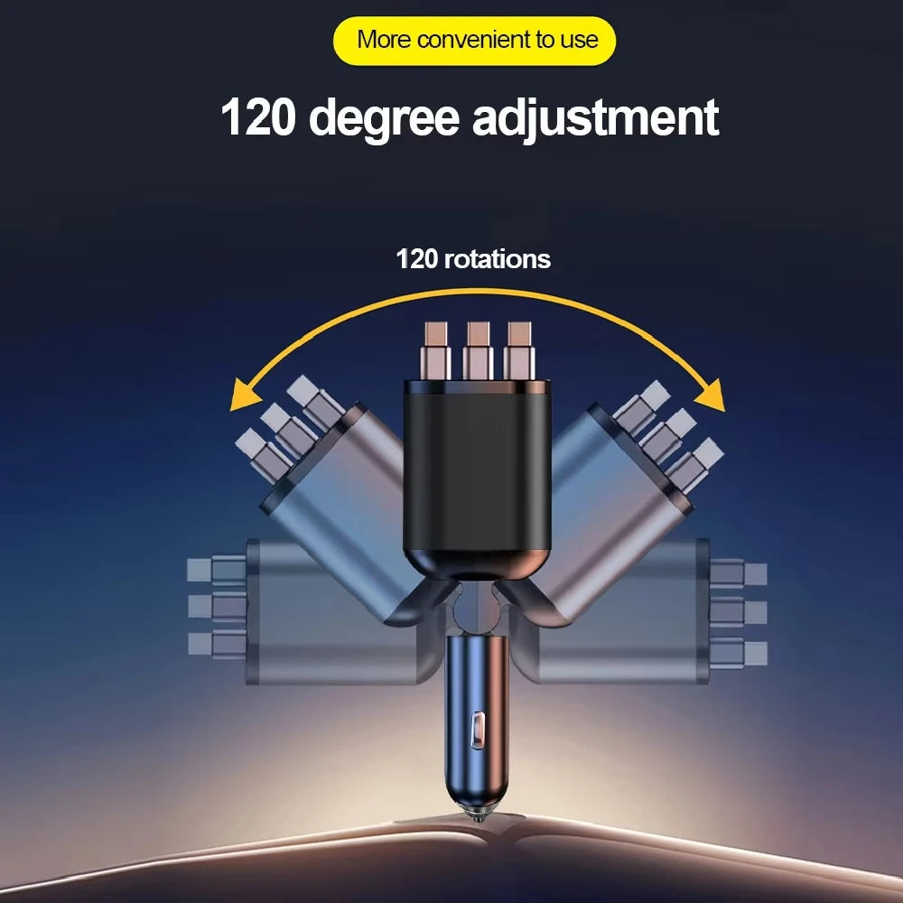 7-in-1 120W Car Charger with Retractable Cables and Digital Voltmeter