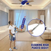 An extendable microfiber duster is shown cleaning a high ceiling fan in a modern living room.