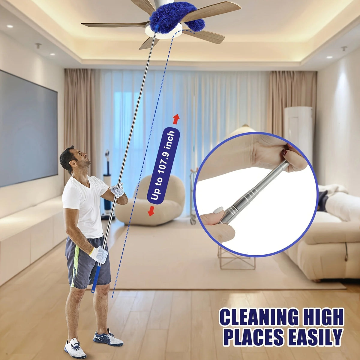 An extendable microfiber duster is shown cleaning a high ceiling fan in a modern living room.